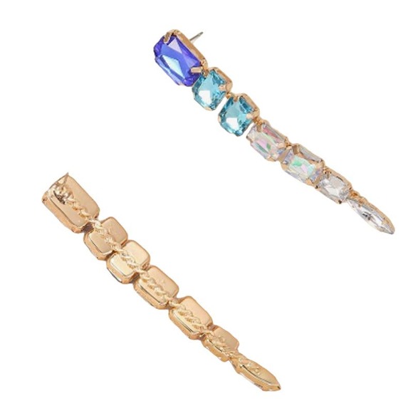 3/$39- Blue Multi Clear Rhinestone 3" Drop Dangle Glam Earrings Special Occasion - Picture 2 of 2